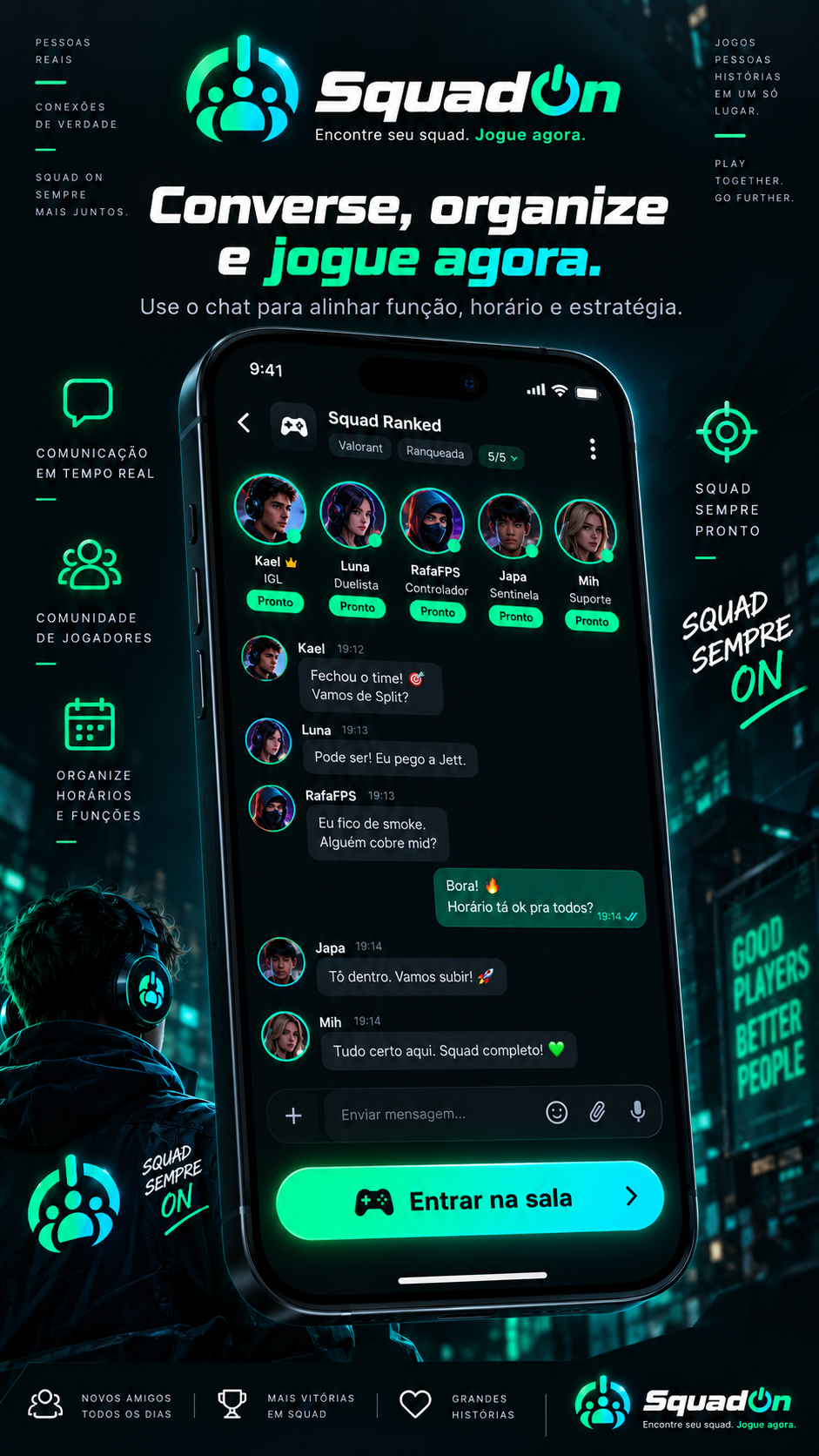 Screenshot promocional do SquadOn mostrando chat do squad